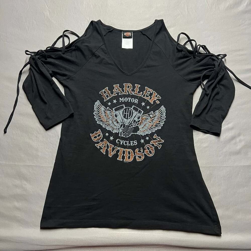Harley-Davidson Cold Shoulder Top Size S Black Embellished V-Neck Shirt